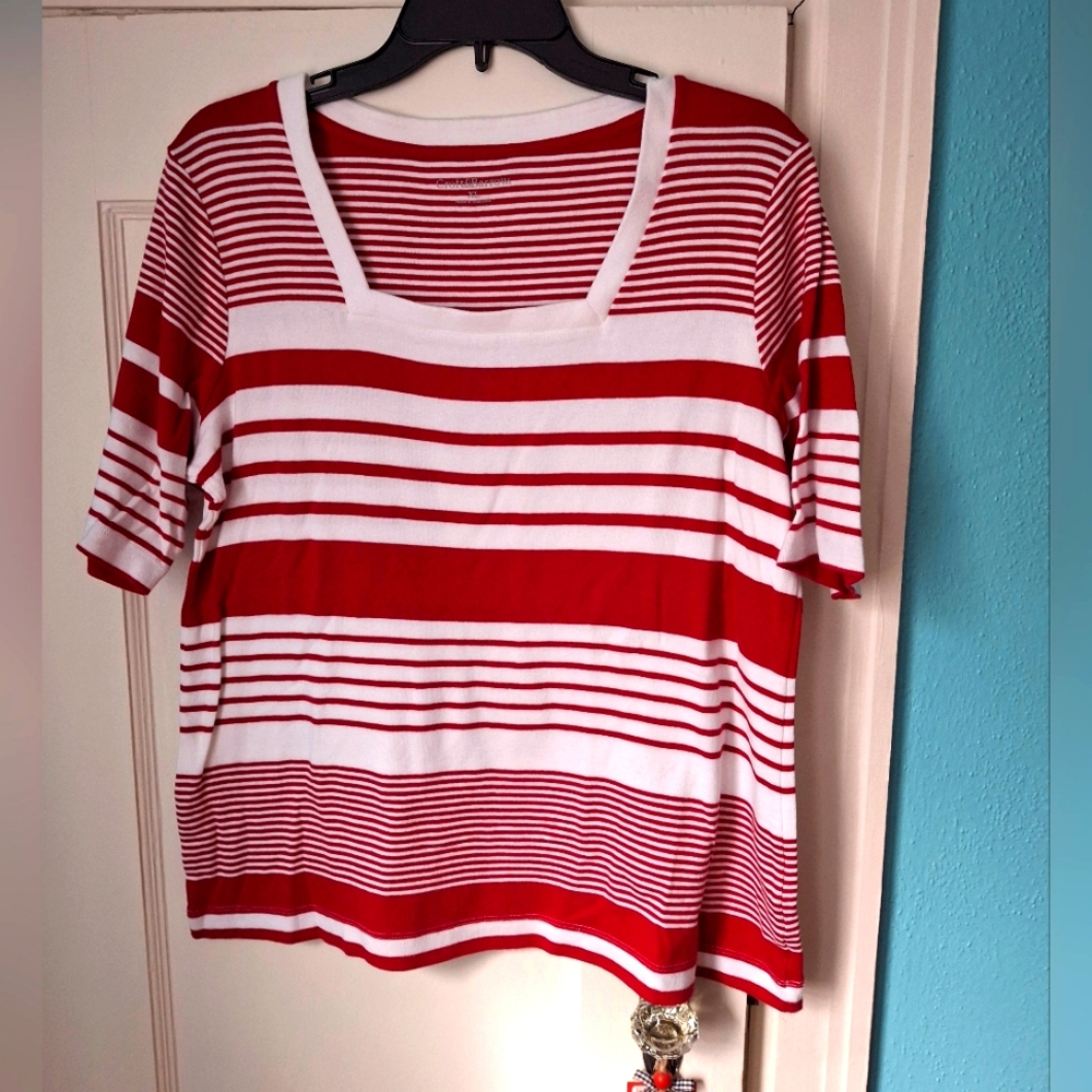 Croft & Barrow Women's XL Red & White Striped Square Neck Soft Knit Cotton Top!